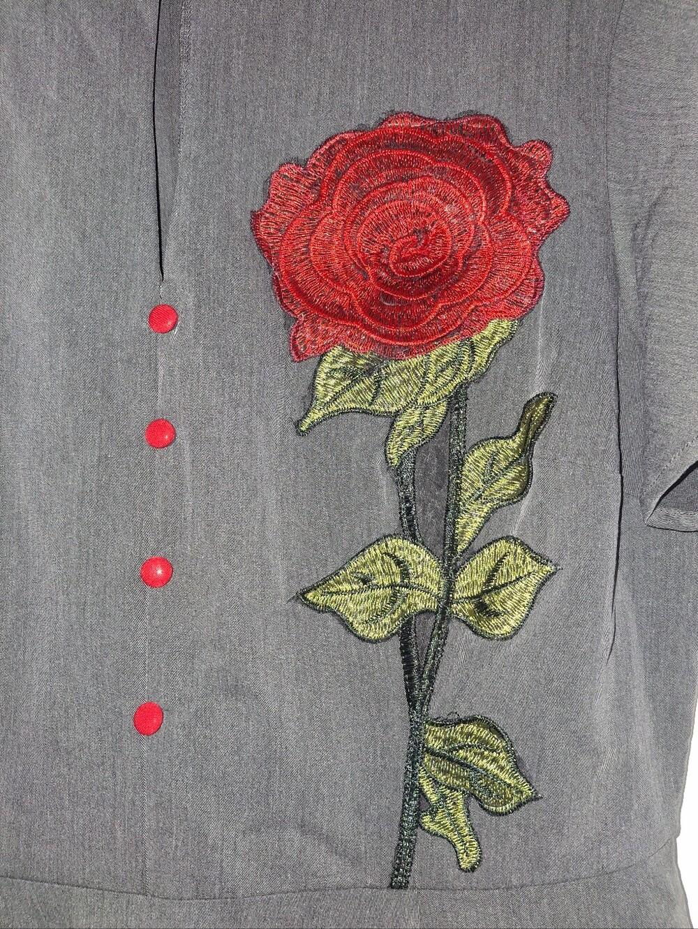 Unique Vintage Black Midi Dress with Red Rose Embroidery - Picture 3 of 10